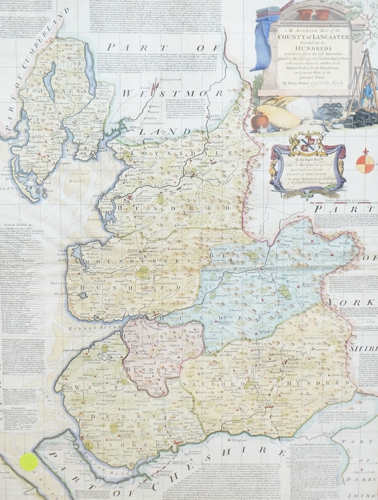 Emanuel Bowen (1694-1767), An Accurate Map of the County of Lancaster Divided into its Hundreds, hand coloured engraved map, printed for Carington Bowles in Paul's Churchyard, 71 x 54cm